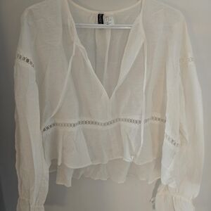 H&M White Sheer Boho Tie-Front Blouse